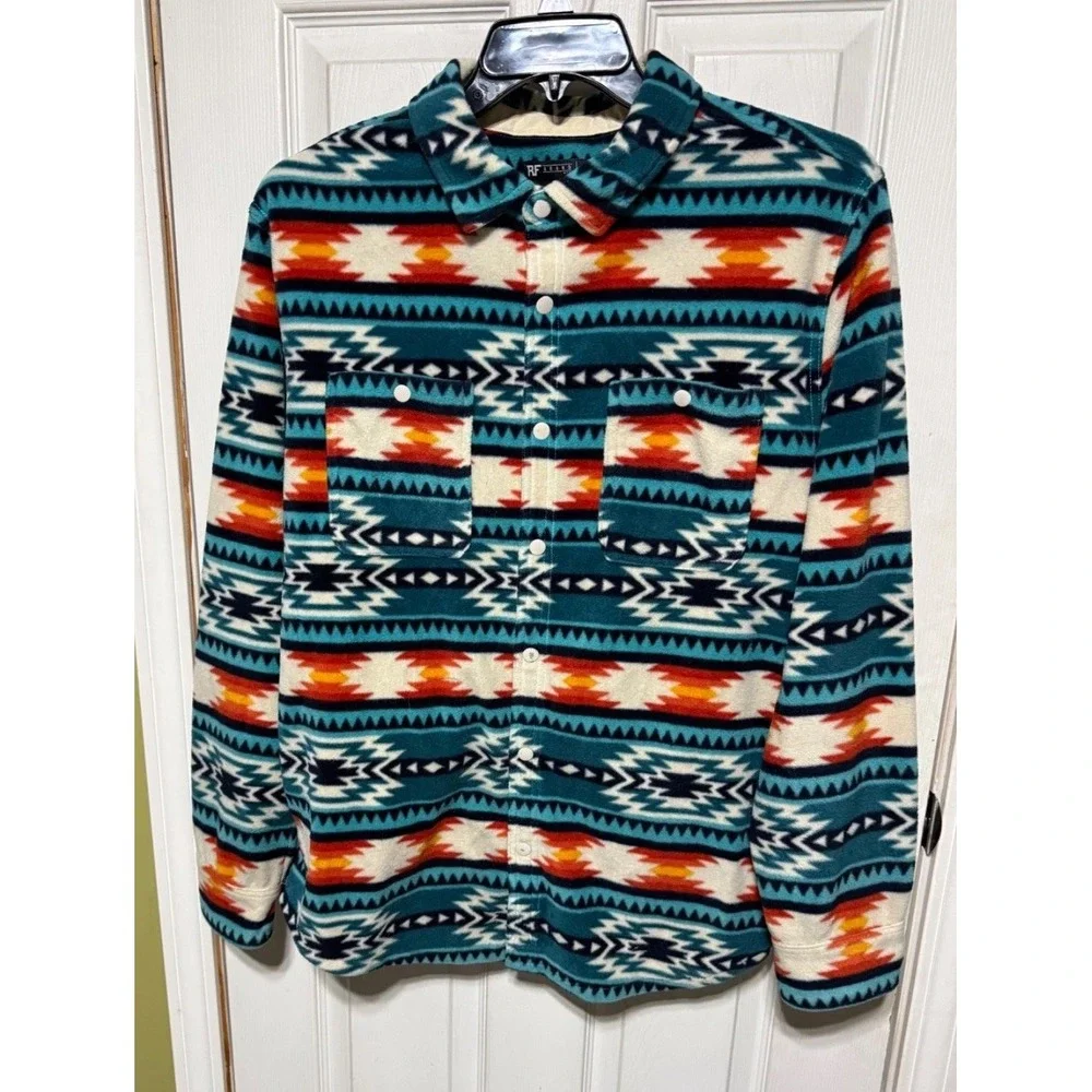 RF Brand Aztec Fleece Shirt Jacket Mens Large Southwestern Snap Front